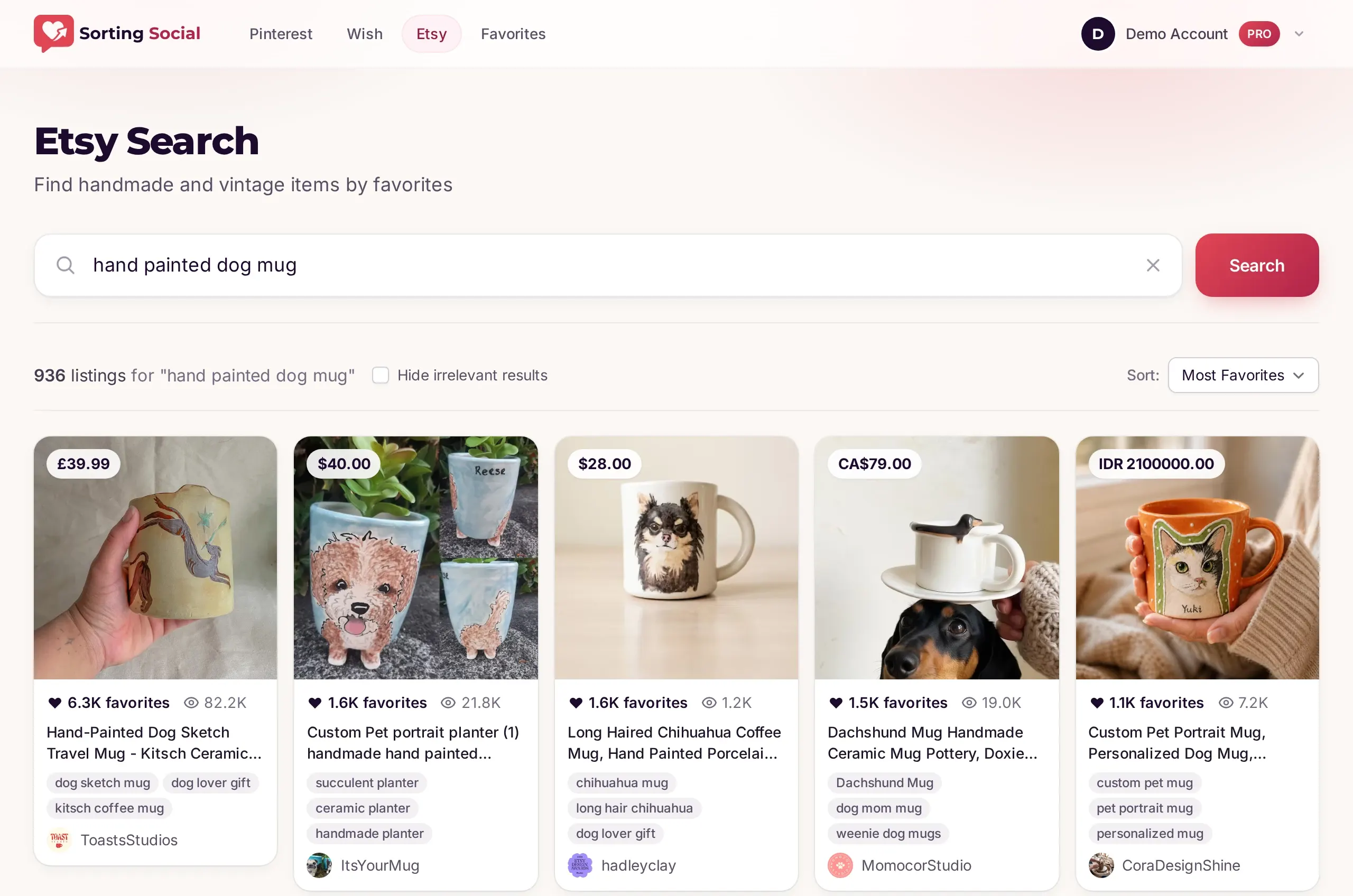 Etsy search for hand painted dog mug in Sorting Social on a Pro account, showing 936 listings sorted by most favorites