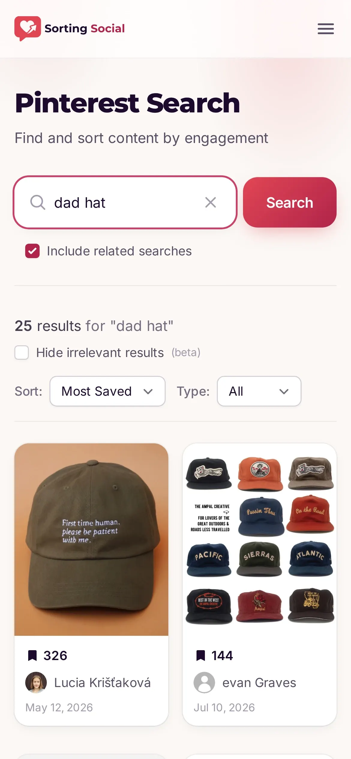 Sorting Social on a phone, showing a Pinterest search for dad hat sorted by most saved