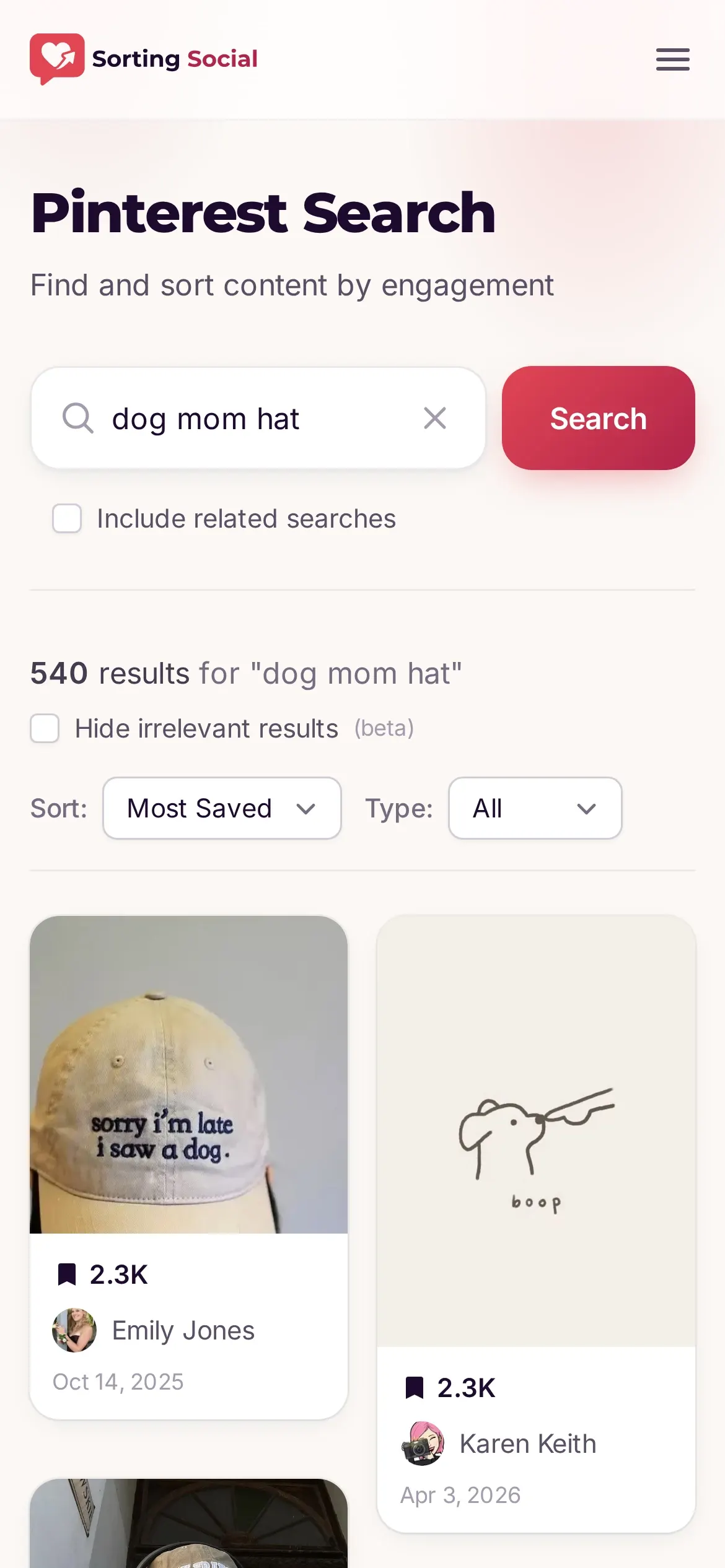 Sorting Social on a phone, showing a Pro Pinterest search for dog mom hat with 540 results sorted by most saved