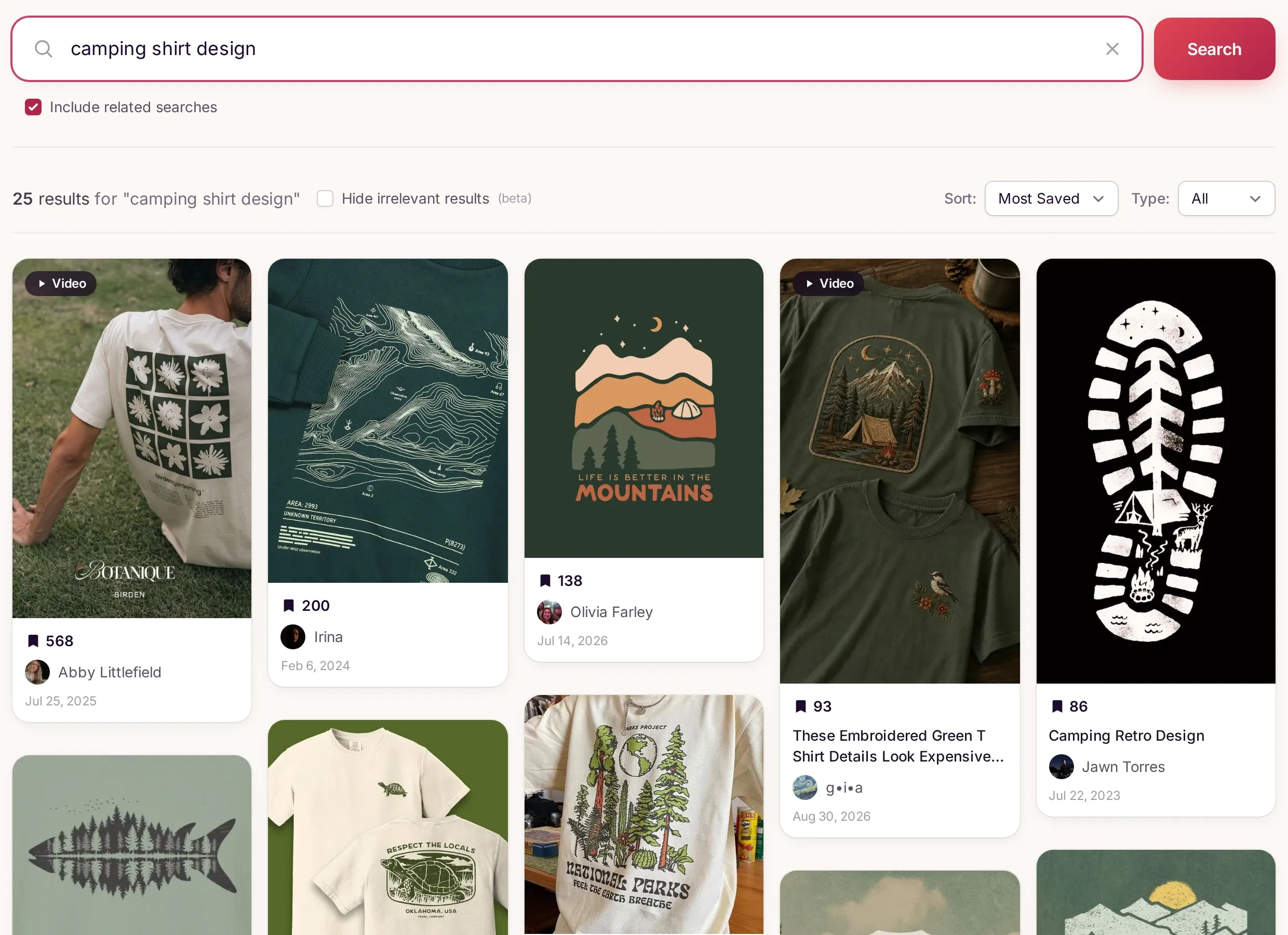 A Pinterest search for camping shirt designs in Sorting Social, sorted by most saved