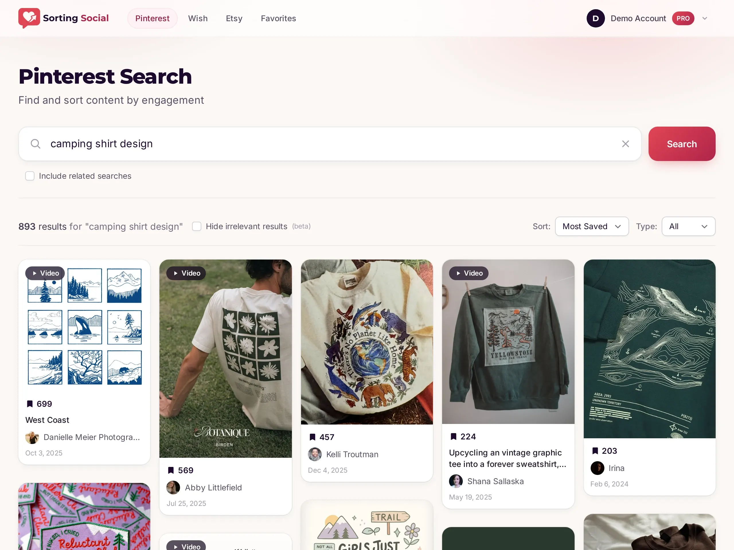 Sorting Social Pinterest search for camping shirt design on a Pro account, showing 893 results sorted by most saved