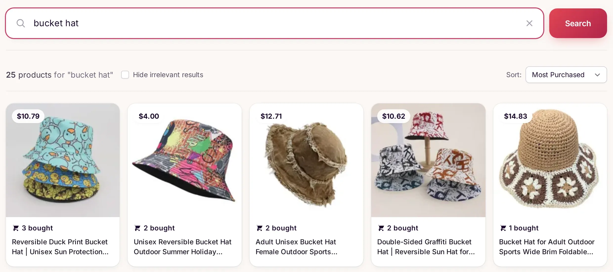 Wish search for bucket hat in Sorting Social, sorted by most purchased