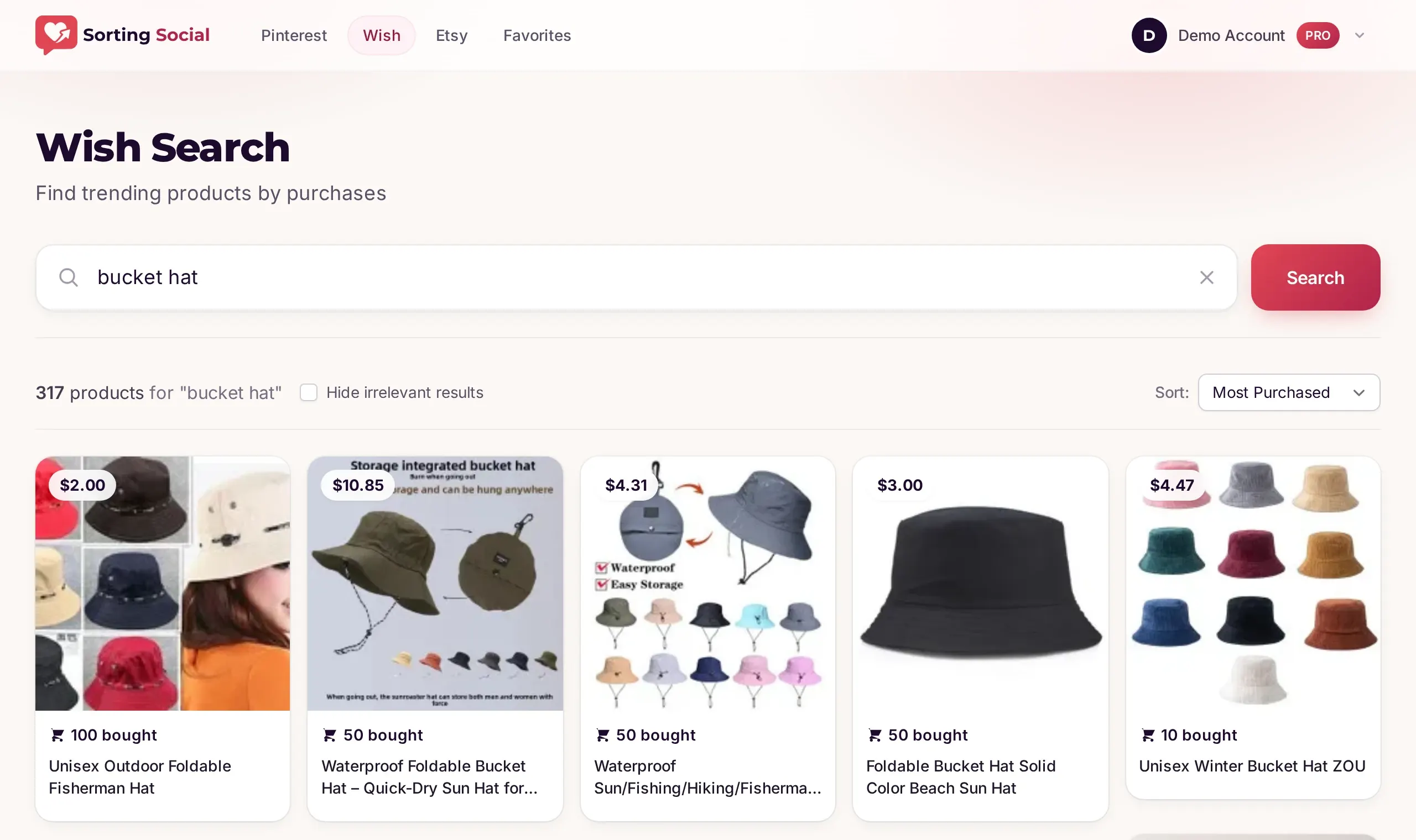 Wish search for bucket hat in Sorting Social on a Pro account, showing 317 products sorted by most purchased